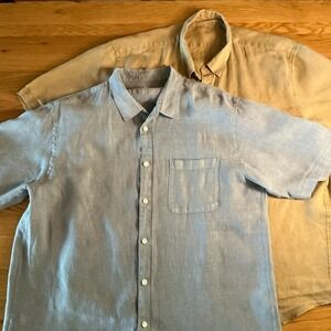 UNIQLO 100% Linen Short Sleeve Button Down Shirt Lot of TWO XL Blue Beige Summer